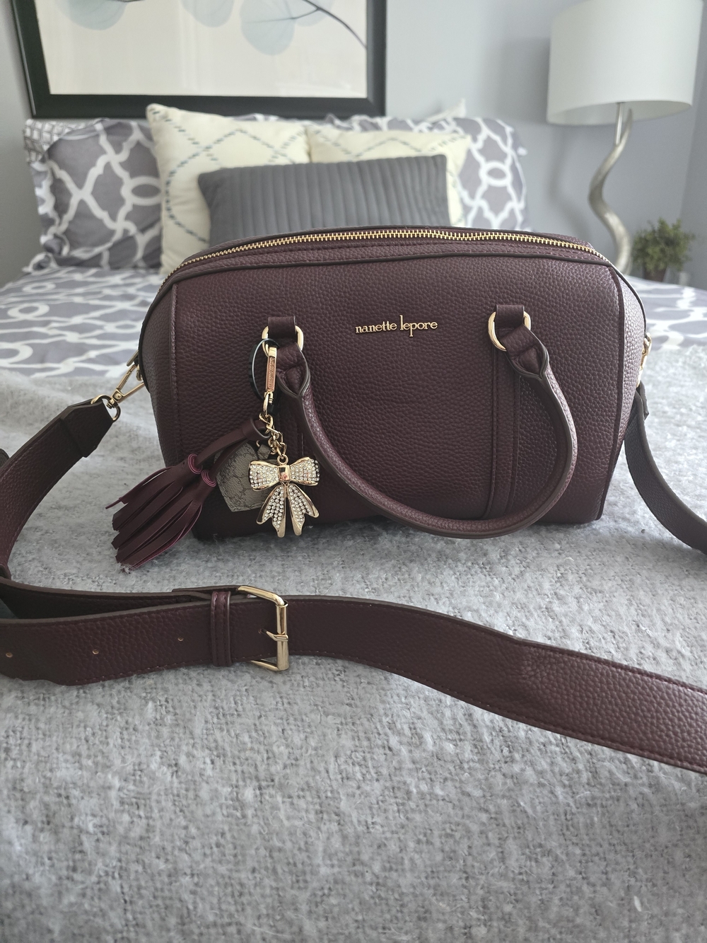 nanette lepore Women's Burgundy Pebbled Leather Satchel